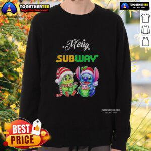 Cute Baby Grinch and Stitch in a Merry Christmas sweatshirt, perfect holiday apparel for festive celebrations.