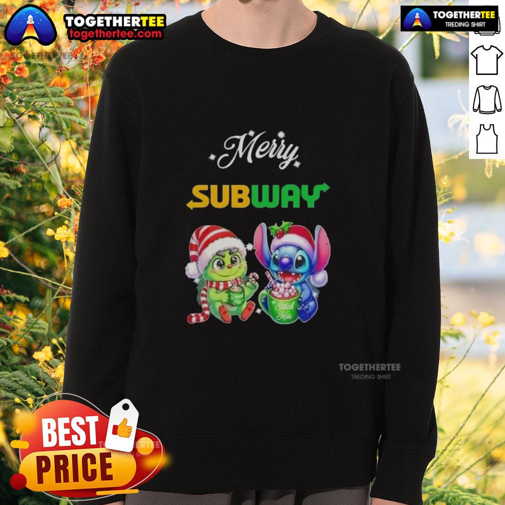 Cute Baby Grinch and Stitch in a Merry Christmas sweatshirt, perfect holiday apparel for festive celebrations.