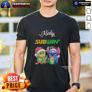 Alt Text: Cute Baby Grinch and Stitch on a Merry Christmas T-Shirt from Subway, perfect for festive holiday cheer.