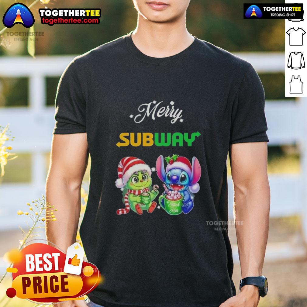 Alt Text: Cute Baby Grinch and Stitch on a Merry Christmas T-Shirt from Subway, perfect for festive holiday cheer.