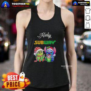 Adorable Cute Baby Grinch and Stitch on a Merry Christmas tank top, perfect for festive holiday celebrations.