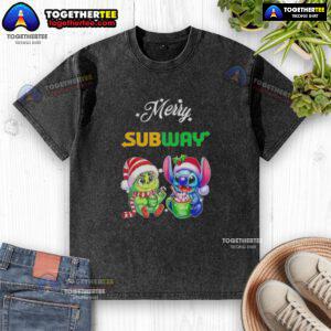 Alt Text: Cute Baby Grinch and Stitch on a Merry Christmas washed t-shirt, perfect for holiday celebrations and festive fashion.