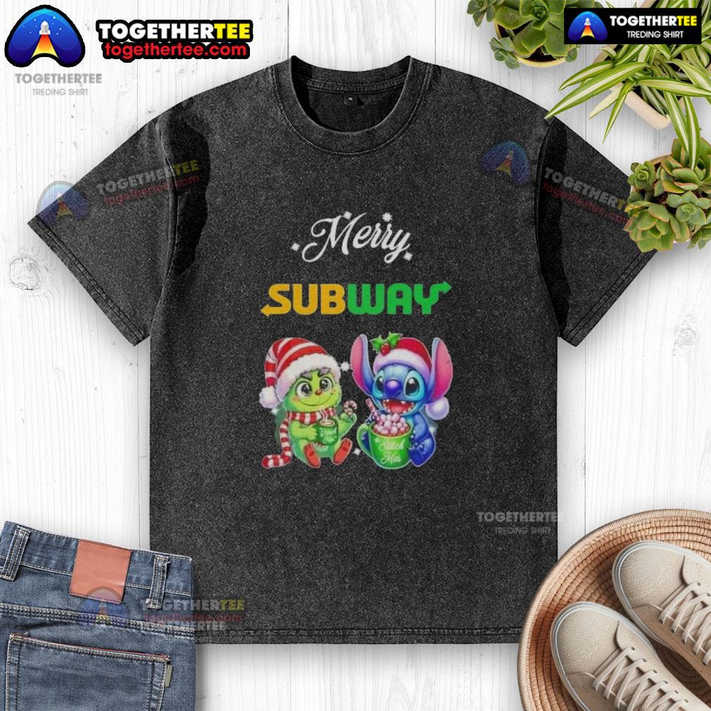 Alt Text: Cute Baby Grinch and Stitch on a Merry Christmas washed t-shirt, perfect for holiday celebrations and festive fashion.