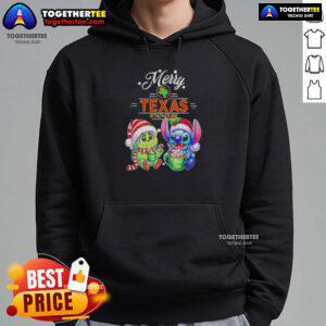 Alt Text: Cute Baby Grinch and Stitch wearing a Merry Christmas hoodie from Texas Roadhouse, perfect for festive celebrations.