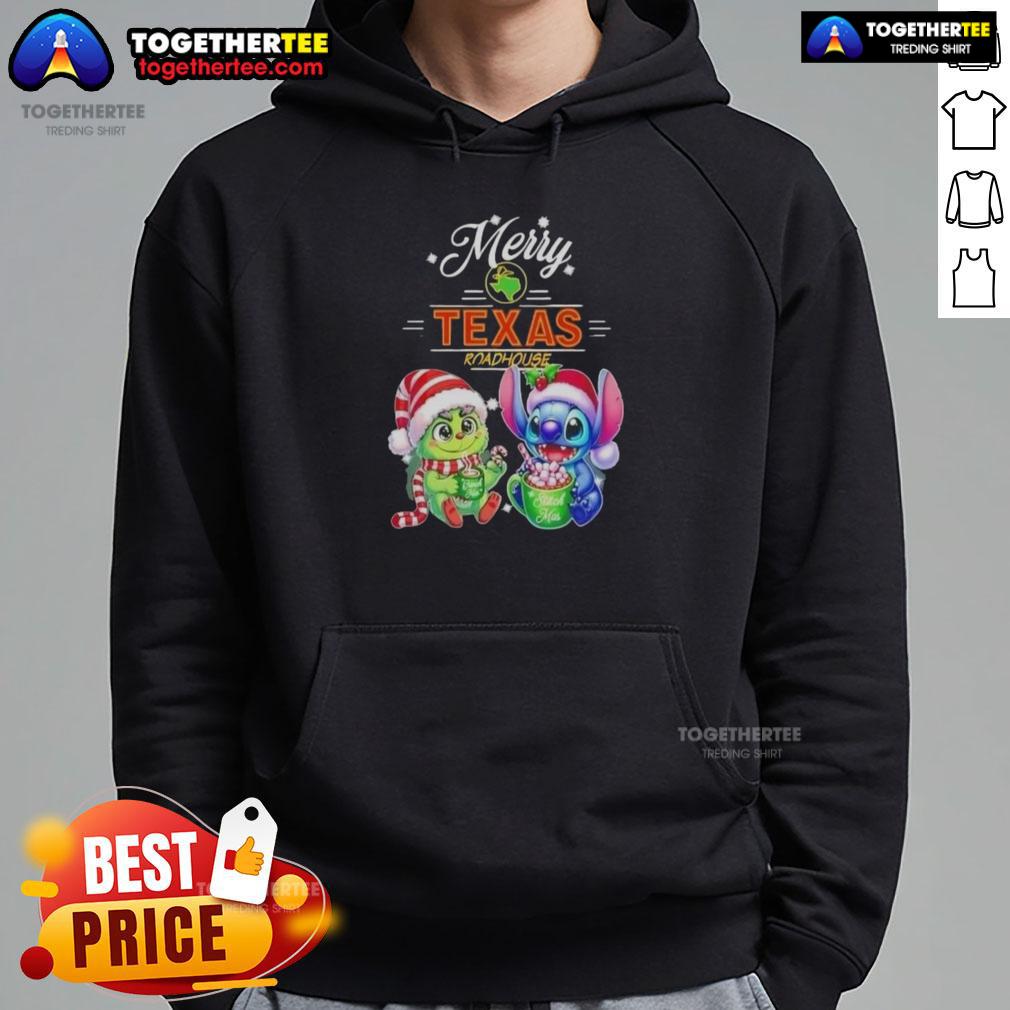 Alt Text: Cute Baby Grinch and Stitch wearing a Merry Christmas hoodie from Texas Roadhouse, perfect for festive celebrations.