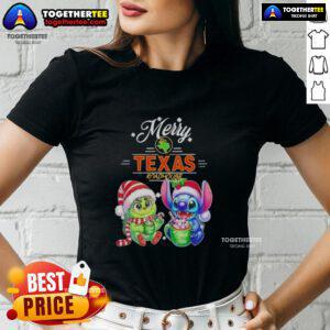 Alt Text: Cute Baby Grinch and Stitch on a Texas Roadhouse Merry Christmas ladies tee, perfect for festive holiday celebrations.