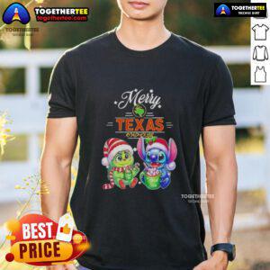 Alt Text: Cute Baby Grinch and Stitch on a Merry Christmas T-Shirt featuring Texas Roadhouse theme, perfect for holiday festivities.