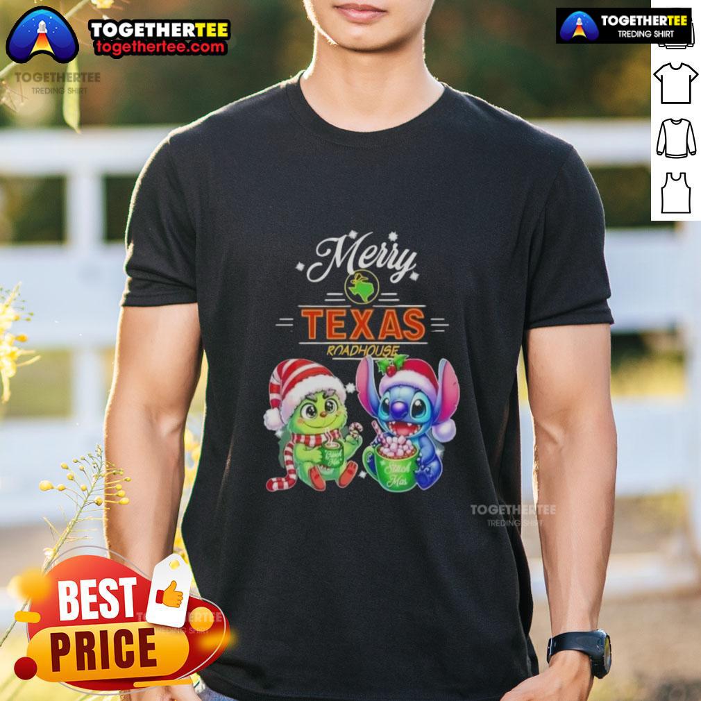 Alt Text: Cute Baby Grinch and Stitch on a Merry Christmas T-Shirt featuring Texas Roadhouse theme, perfect for holiday festivities.