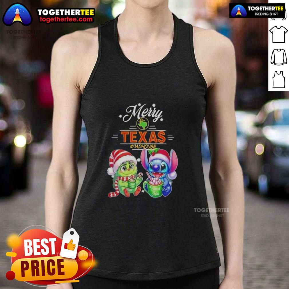 Alt Text: Cute baby Grinch and Stitch tank top from Texas Roadhouse, perfect for a Merry Christmas celebration.