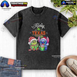 Alt Text: Cute baby Grinch and Stitch on a Texas Roadhouse Merry Christmas washed t-shirt, perfect holiday gift.