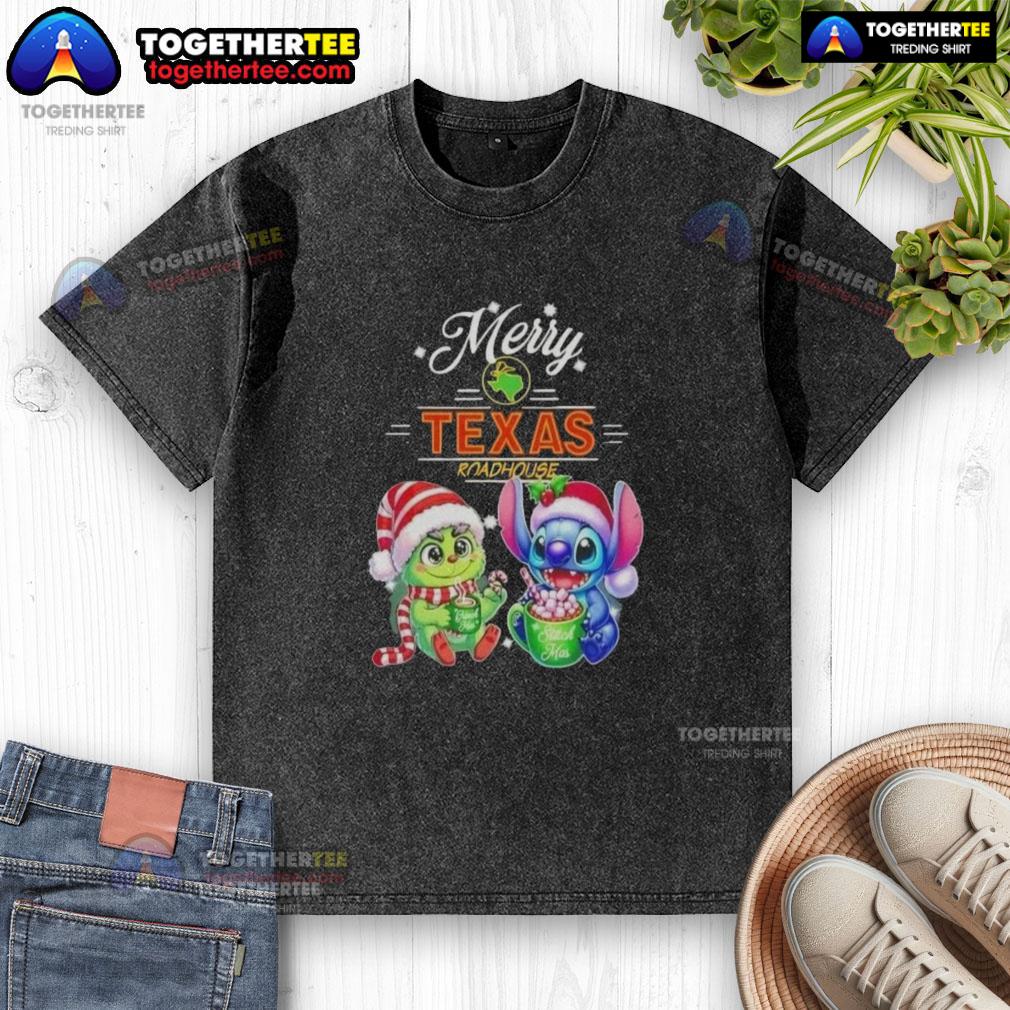 Alt Text: Cute baby Grinch and Stitch on a Texas Roadhouse Merry Christmas washed t-shirt, perfect holiday gift.