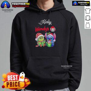 Alt Text: Cute baby Grinch and Stitch in a Merry Christmas hoodie from Wendy's, perfect for holiday cheer and festive fashion.