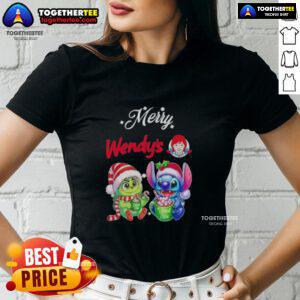 Adorable Cute Baby Grinch and Stitch on Wendy's Merry Christmas Ladies Tee, perfect for festive holiday style.