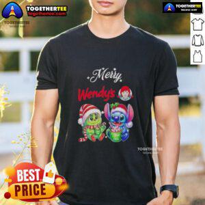 Alt Text: Cute Baby Grinch and Stitch on Wendy's Merry Christmas T-Shirt design, perfect for festive holiday celebrations.