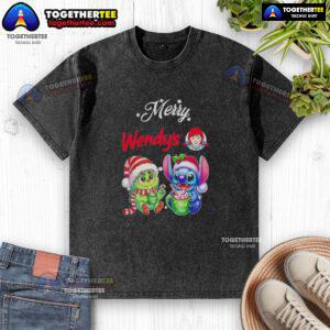 Alt Text: Cute Baby Grinch and Stitch in Wendy's Merry Christmas washed t-shirt, perfect for festive holiday style.