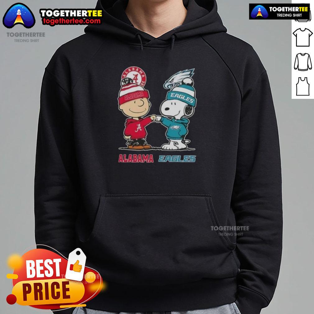 Alt Text: Cute Charlie Brown and Snoopy hoodie featuring Alabama Crimson Tide and Philadelphia Eagles designs.