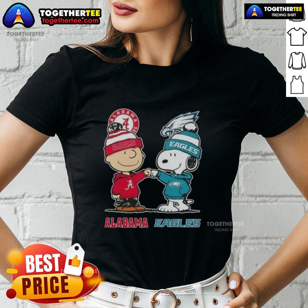 Cute Charlie Brown and Snoopy graphic on Alabama Crimson Tide x Philadelphia Eagles ladies tee shirt design.