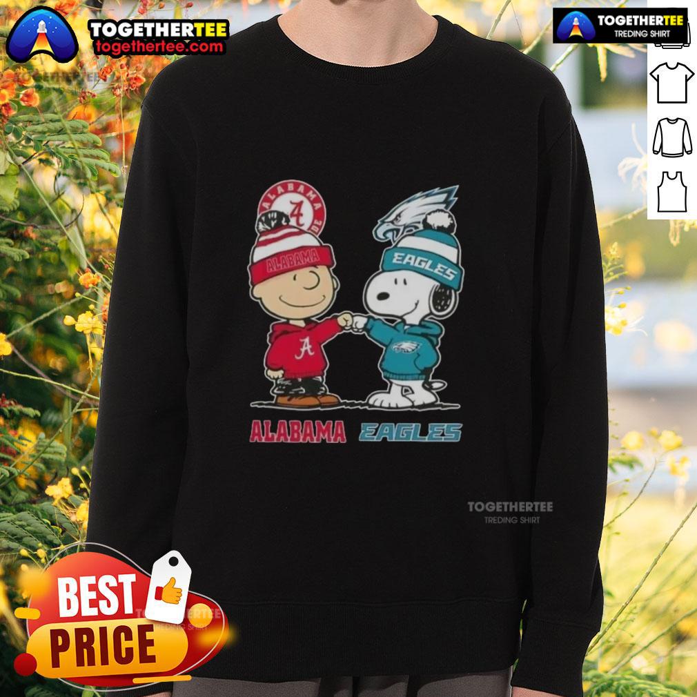 Alt Text: Cute Charlie Brown and Snoopy sweatshirt featuring Alabama Crimson Tide and Philadelphia Eagles logos.