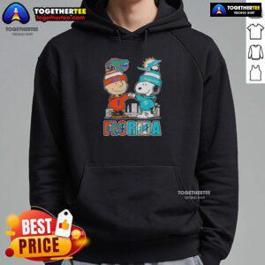 Cute Charlie Brown and Snoopy hoodie featuring Florida Gators and Miami Dolphins skyline design.