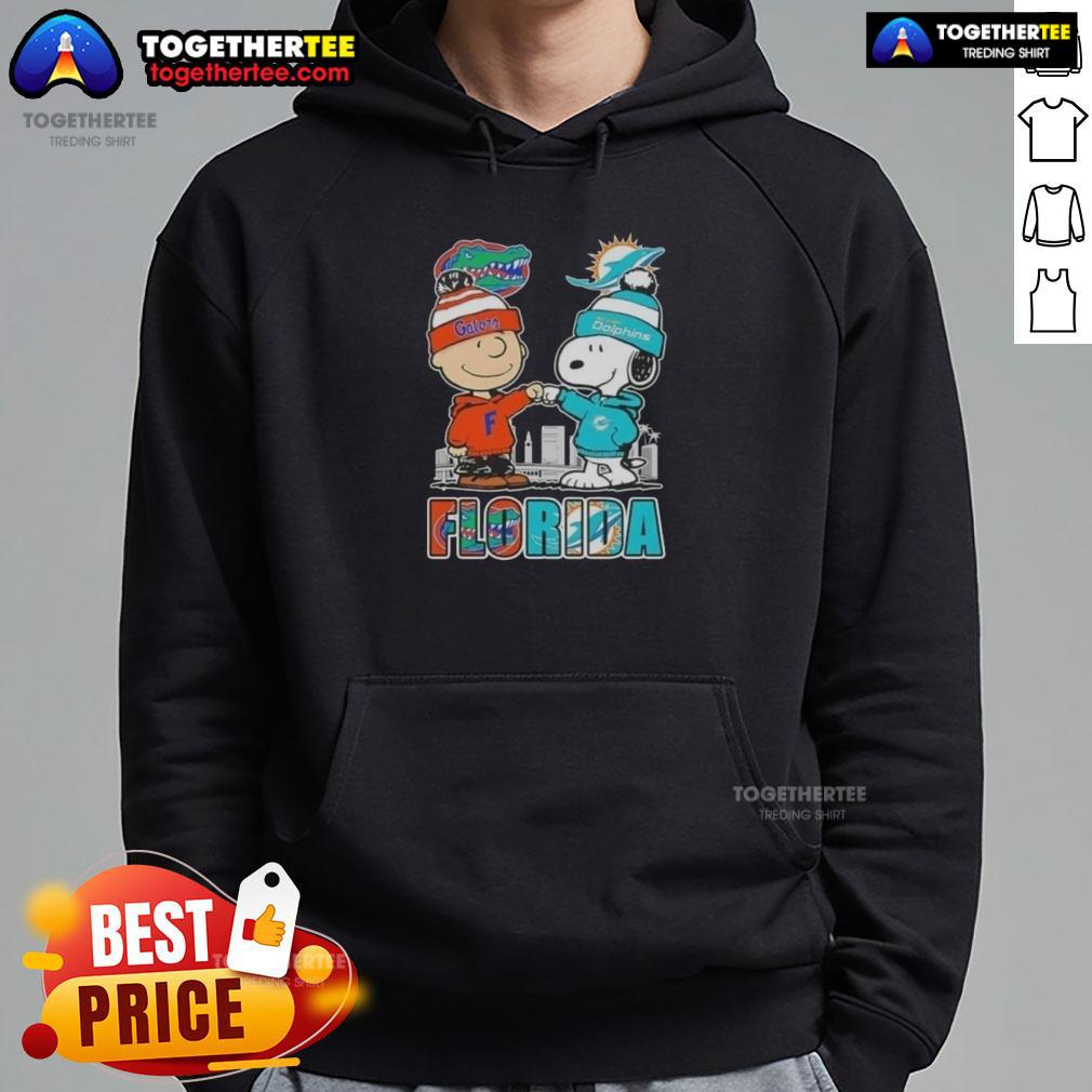 Cute Charlie Brown and Snoopy hoodie featuring Florida Gators and Miami Dolphins skyline design.