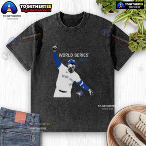 Alt Text: Cute George Springer Toronto Blue Jays MLB World Series 2025 player graphic on a washed t-shirt.