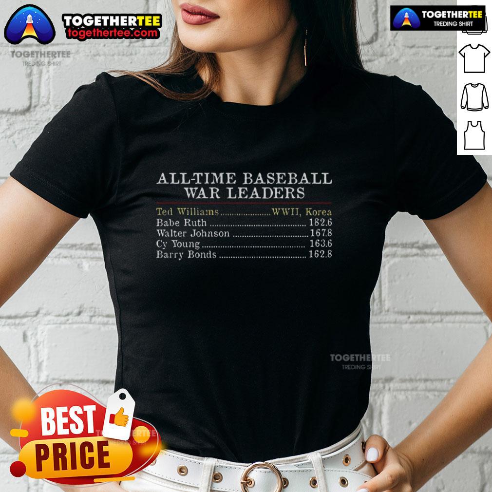 Alt Text: Good All Time Baseball War Leaders Ted Williams Player List on Ladies Tee shirt, showcasing baseball stats and design.