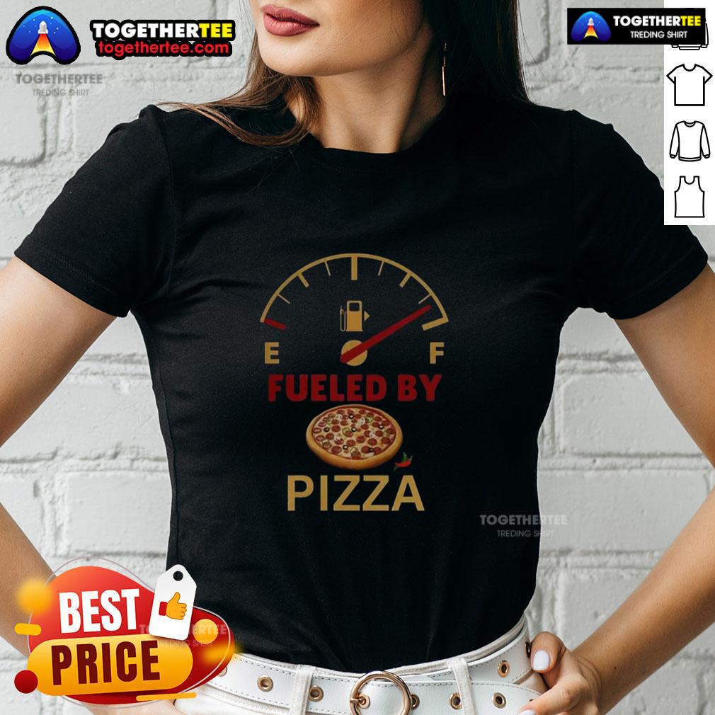 Good Fueled By Pizza Ladies Tee featuring a fun pizza graphic, perfect for pizza lovers and casual wear enthusiasts.