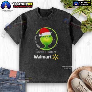 Funny Good Grinch Christmas T-shirt showing a whimsical design about smiling and working at Walmart.