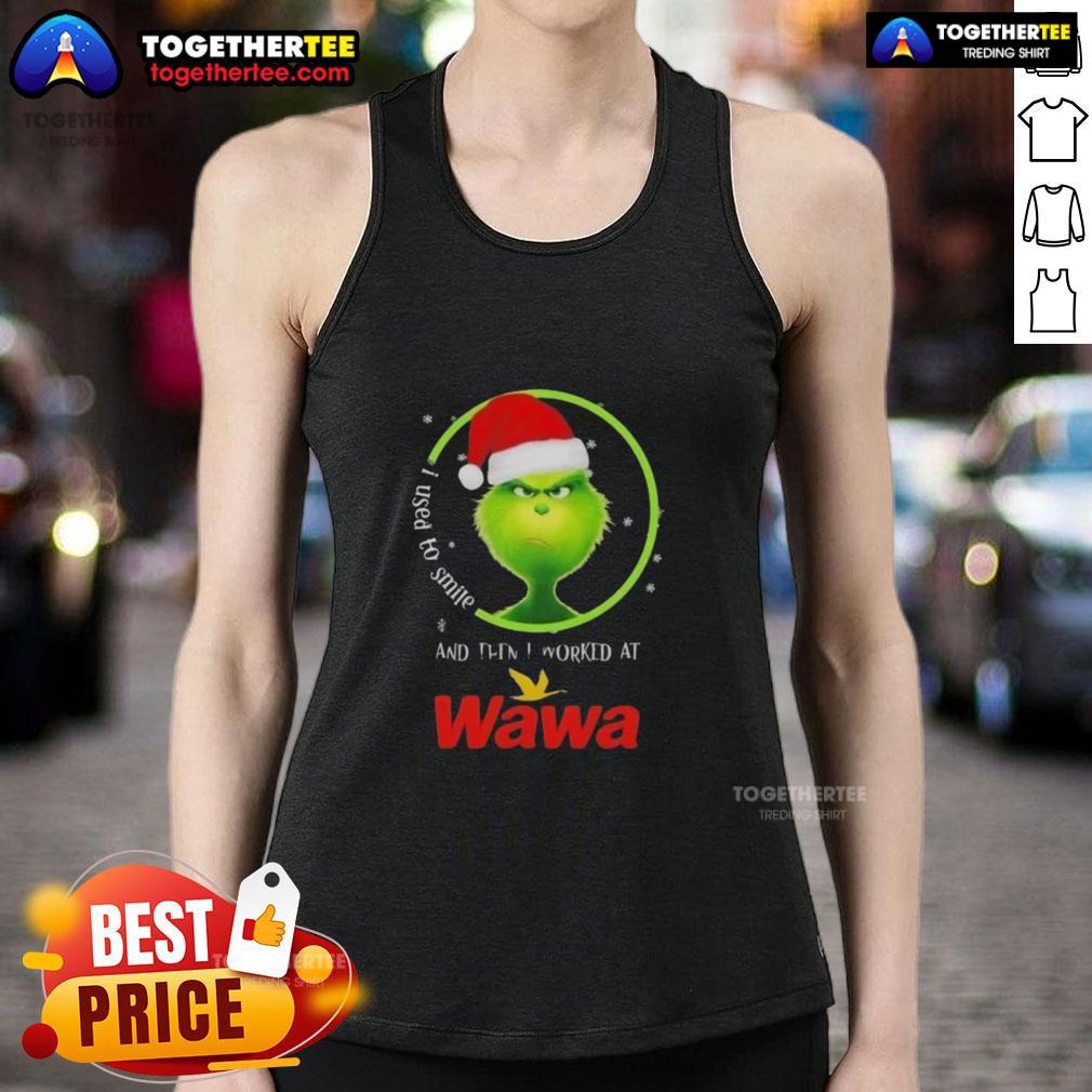 Good Grinch Christmas tank top design featuring a humorous quote about working at Wawa, perfect for holiday celebrations.