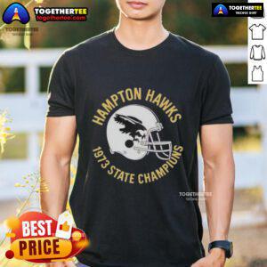 Alt Text: Vintage Good Hampton Hawks 1973 State Champions helmet t-shirt featuring iconic team colors and logo design.