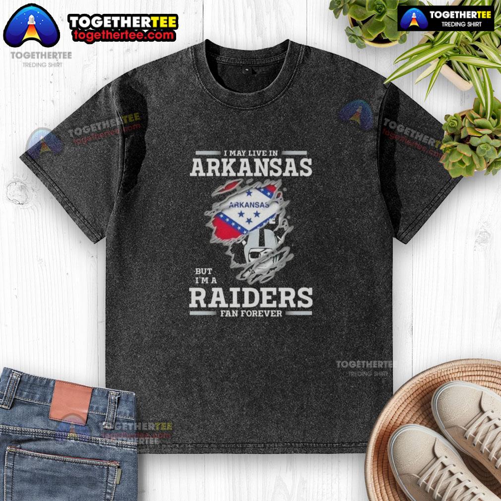 Good I May Live In Arkansas But I'm A Raiders Fan Forever washed t-shirt featuring bold Raiders graphics and a casual style.