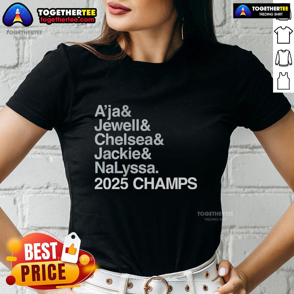 2025 Champs Ladies Tee featuring A'ja Wilson, Jewell Loyd, Chelsea Gray, Jackie Young, and Nalyssa Smith from the Las Vegas Aces.