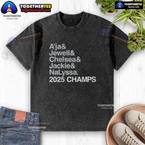 2025 Champs Las Vegas Aces T-shirt featuring A'ja Wilson, Jewell Loyd, Chelsea Gray, Jackie Young, and Nalyssa Smith.