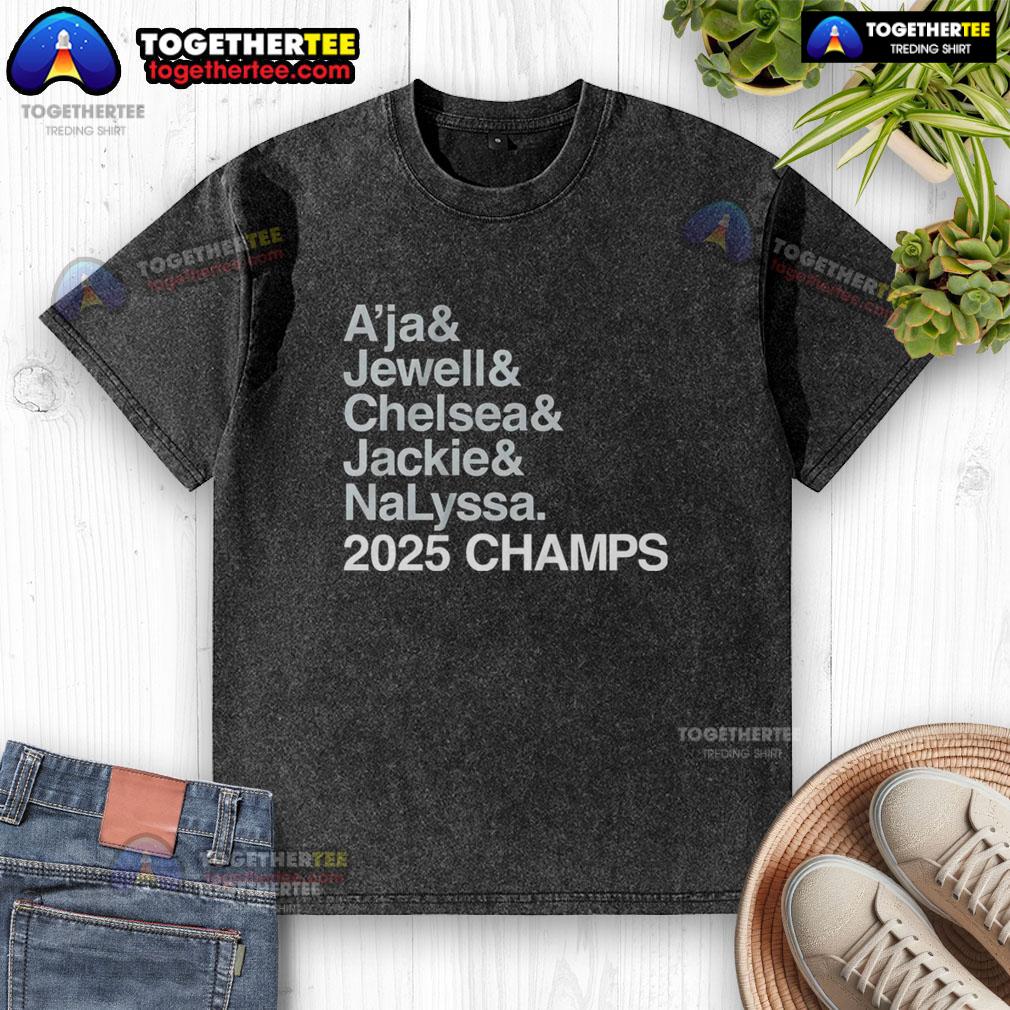 2025 Champs Las Vegas Aces T-shirt featuring A'ja Wilson, Jewell Loyd, Chelsea Gray, Jackie Young, and Nalyssa Smith.