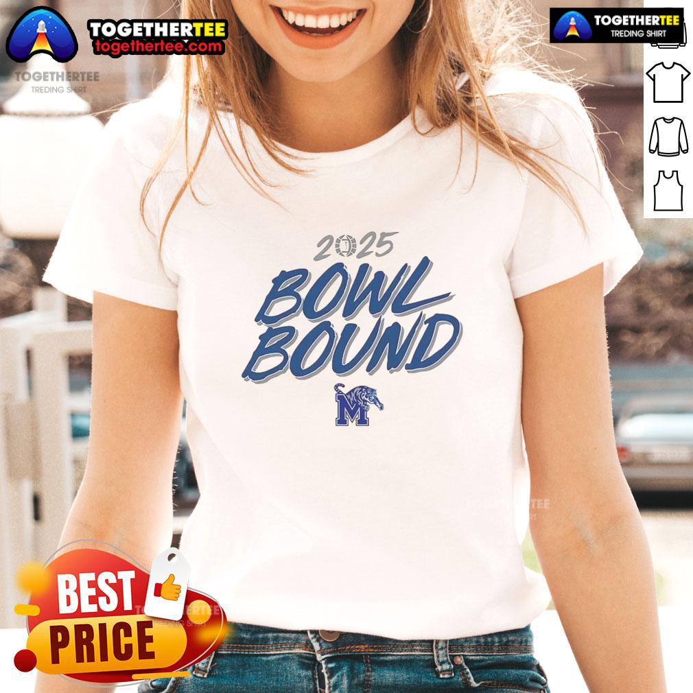 Good Memphis Tigers Bowl Bound 2025 ladies tee shirt featuring vibrant team colors and logo.