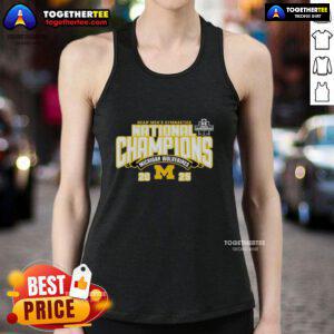 2025 NCAA Men's Gymnastics National Champions tank top featuring the Michigan Wolverines logo and vibrant team colors.
