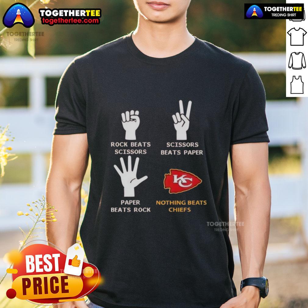 Good Nothing Beats Kansas City Chiefs Rock Beats Scissors T-Shirt featuring team colors and playful design.