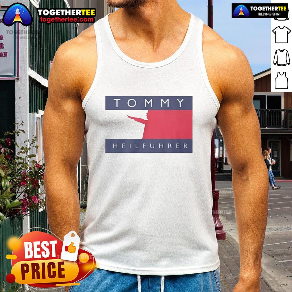 Good Tommy Heilfuhrer logo parody tank top featuring a humorous design for fans of edgy graphic apparel.