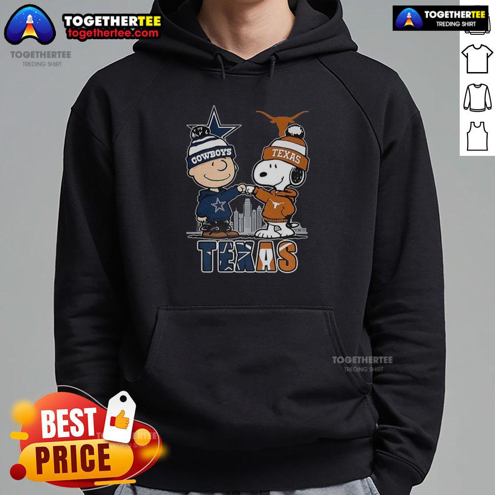 Nice Charlie Brown hoodie featuring Snoopy, Dallas Cowboys, Texas Longhorns, and a skyline design.