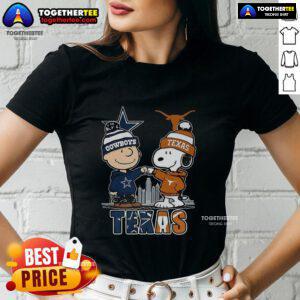 Nice Charlie Brown Dallas Cowboys tee featuring Snoopy, Texas Longhorns, and skyline design for ladies.