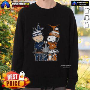 Nice Charlie Brown Dallas Cowboys sweatshirt featuring Snoopy with Texas Longhorns skyline design.