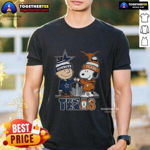 Nice Charlie Brown Dallas Cowboys Touch Hand Snoopy Texas Longhorns Skyline T-Shirt showcasing a playful sports design.