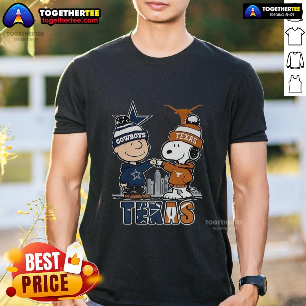 Nice Charlie Brown Dallas Cowboys Touch Hand Snoopy Texas Longhorns Skyline T-Shirt showcasing a playful sports design.
