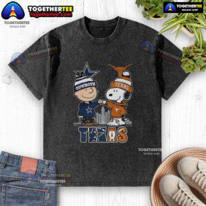 Nice Charlie Brown Dallas Cowboys touch hand with Snoopy, Texas Longhorns skyline washed t-shirt design.
