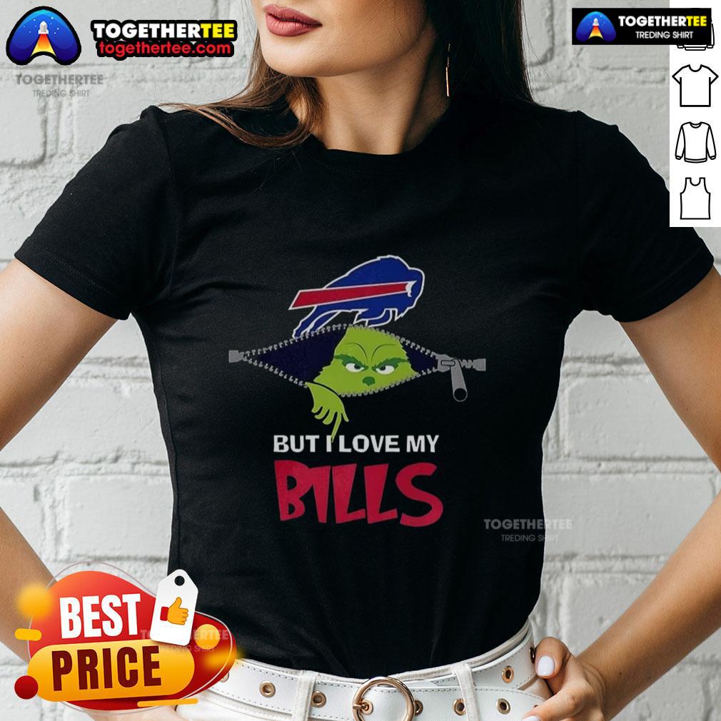 Womens Christmas tee featuring Grinch design with 'I Hate People But I Love My Buffalo Bills' slogan.