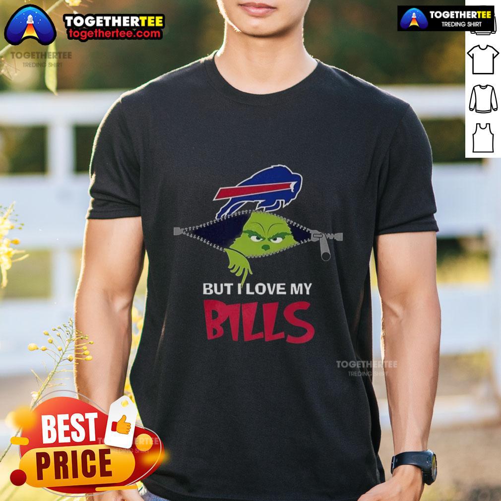 Funny Grinch zipper design on a 'I Hate People But I Love My Buffalo Bills' Christmas T-shirt for football fans.