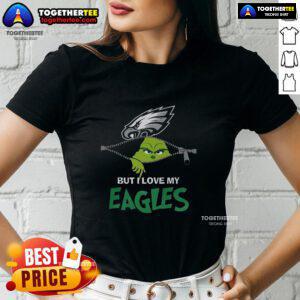Alt Text: Ladies tee featuring the Grinch with 'I Hate People But I Love My Philadelphia Eagles' for Christmas fans.
