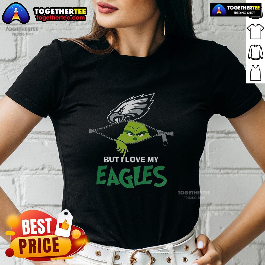 Alt Text: Ladies tee featuring the Grinch with 'I Hate People But I Love My Philadelphia Eagles' for Christmas fans.