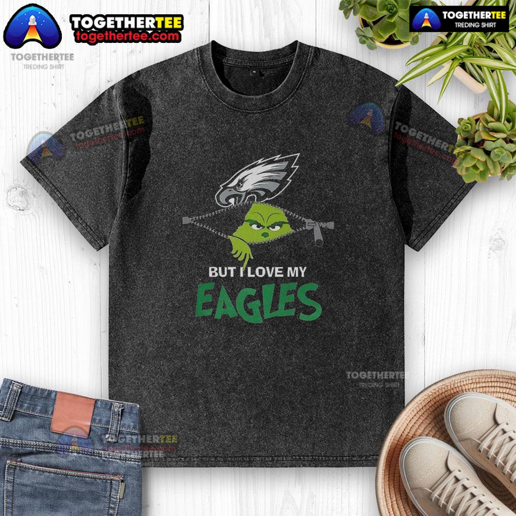 Alt Text: Nice Grinch Zipper I Hate People But I Love My Philadelphia Eagles Football Christmas T-Shirt design.