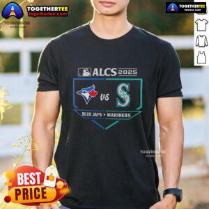 Toronto Blue Jays vs Seattle Mariners 2025 ALCS Batter's Box Matchup T-Shirt featuring vibrant team graphics.